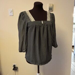Suzy Shier SHEER Black and White Polka Dot Blouse with Lace